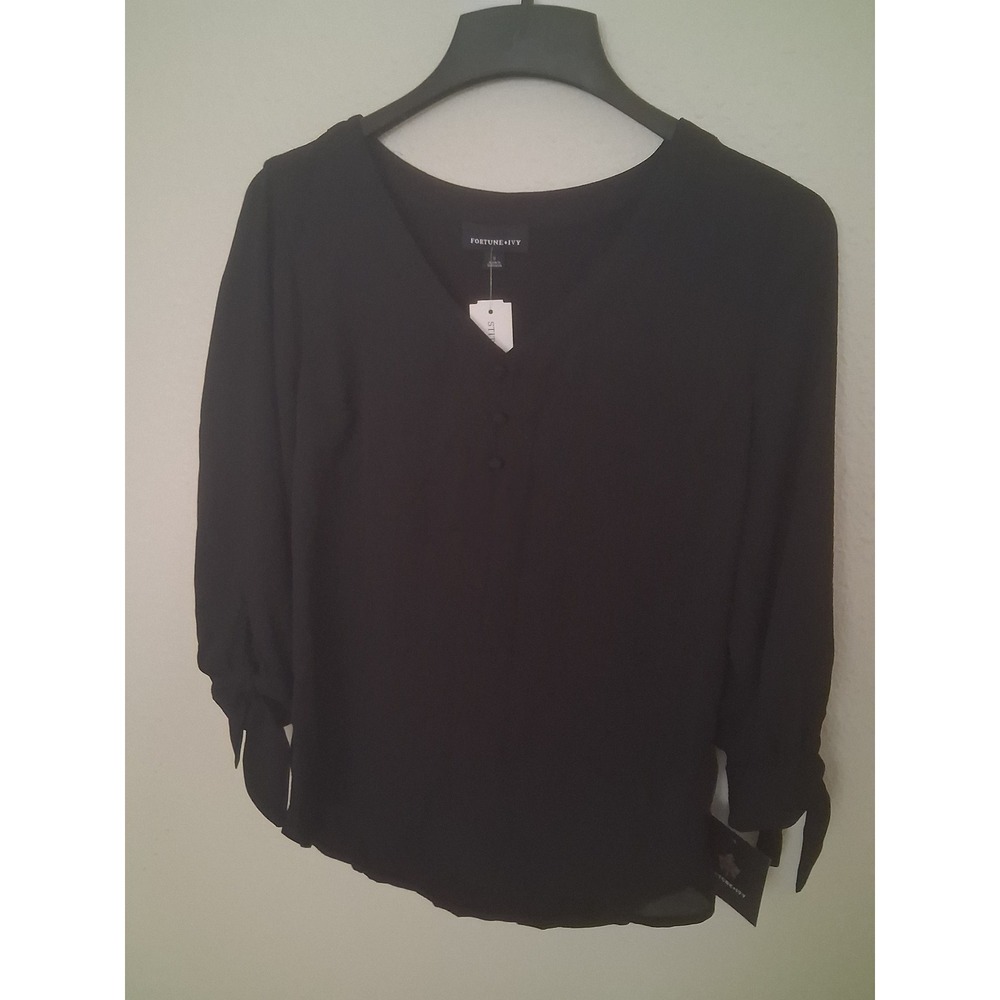 Fortune + Ivy Black Mixed Media V-Neck Blouse 3/4 Tie Sleeve Top 1733M0A Small